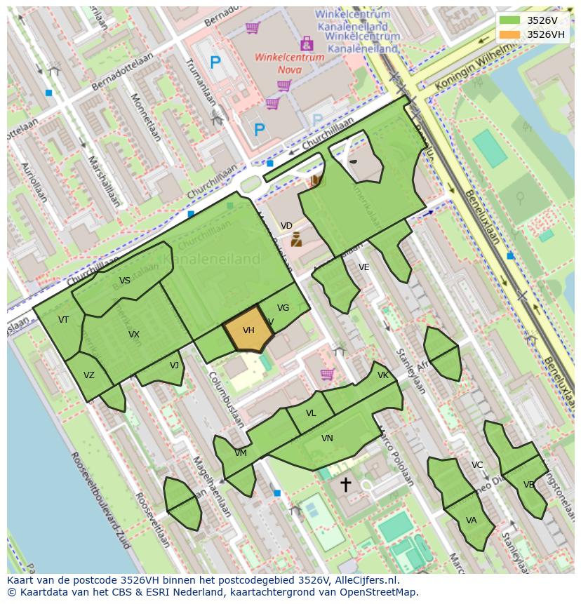 Afbeelding van het postcodegebied 3526 VH op de kaart.