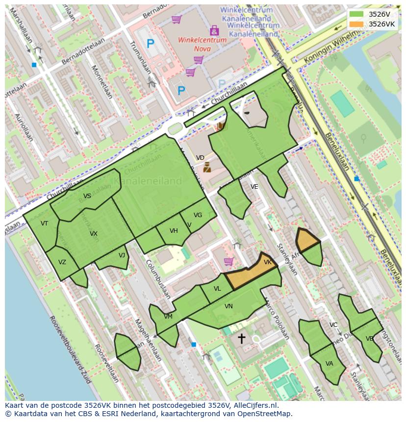 Afbeelding van het postcodegebied 3526 VK op de kaart.
