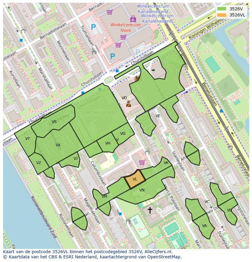 Afbeelding van het postcodegebied 3526 VL op de kaart.