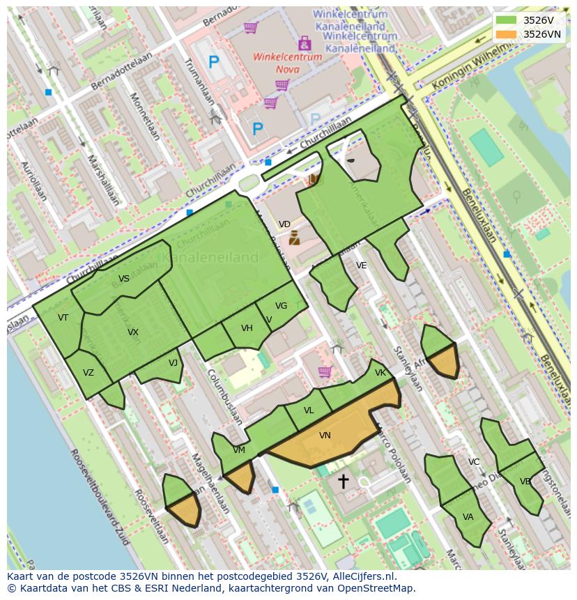 Afbeelding van het postcodegebied 3526 VN op de kaart.