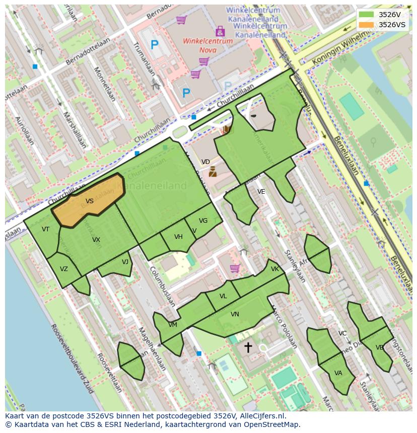 Afbeelding van het postcodegebied 3526 VS op de kaart.