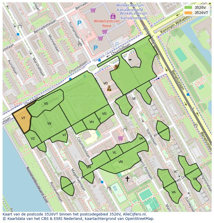 Afbeelding van het postcodegebied 3526 VT op de kaart.