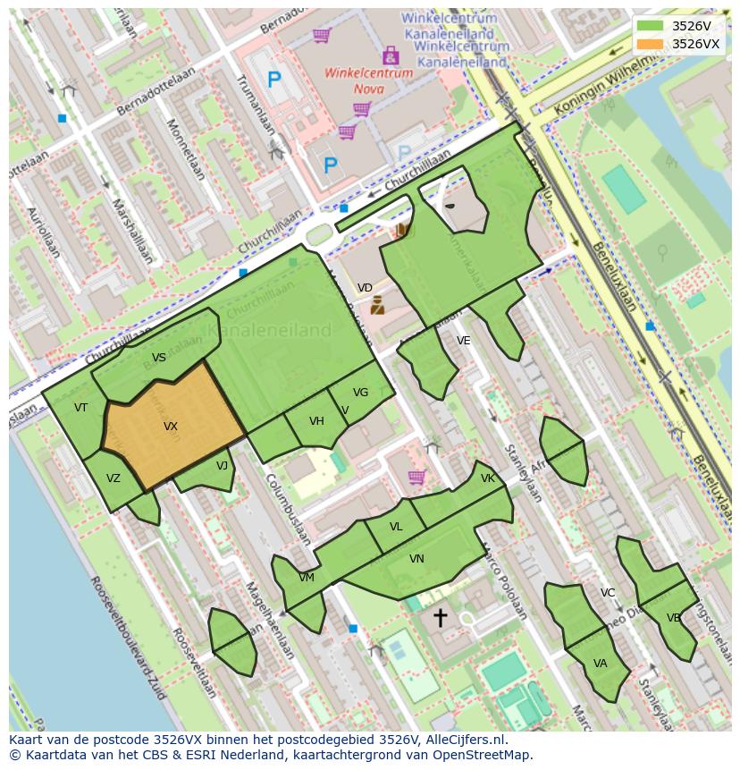 Afbeelding van het postcodegebied 3526 VX op de kaart.