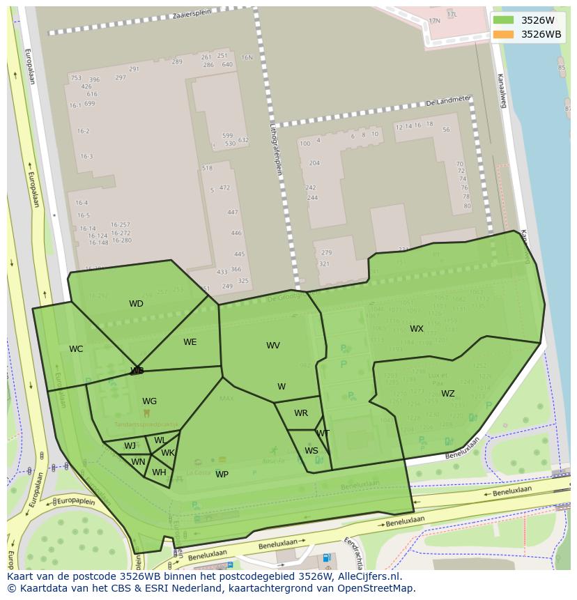 Afbeelding van het postcodegebied 3526 WB op de kaart.