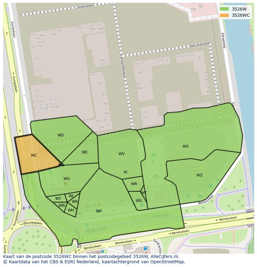Afbeelding van het postcodegebied 3526 WC op de kaart.