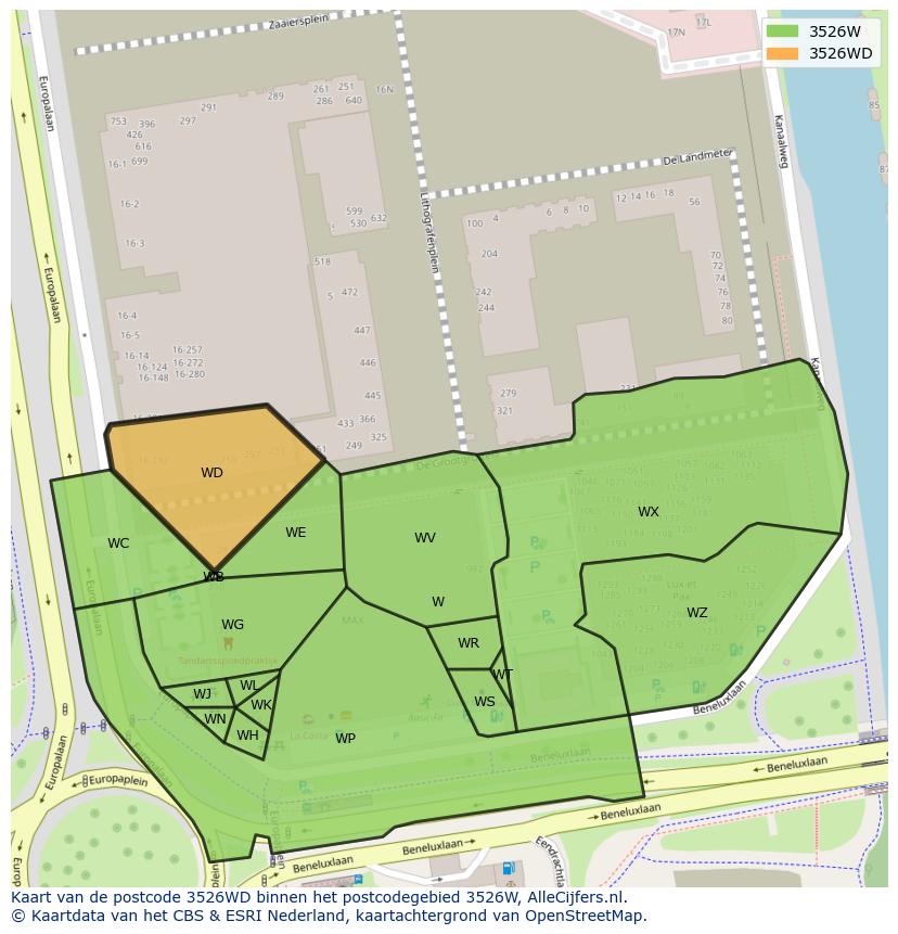 Afbeelding van het postcodegebied 3526 WD op de kaart.