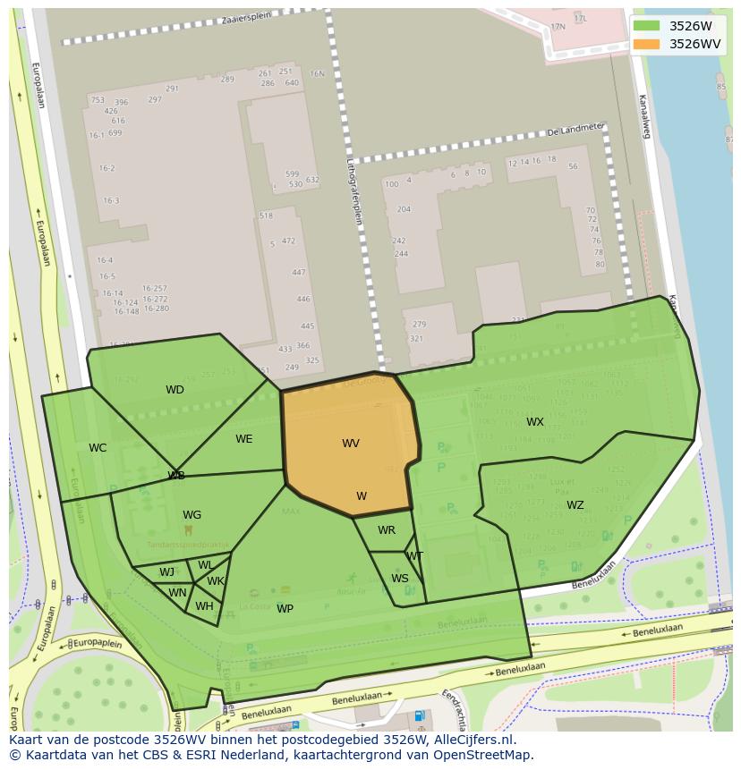 Afbeelding van het postcodegebied 3526 WV op de kaart.
