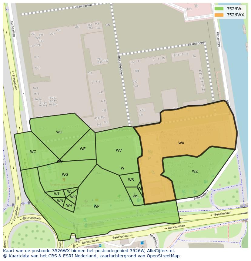 Afbeelding van het postcodegebied 3526 WX op de kaart.