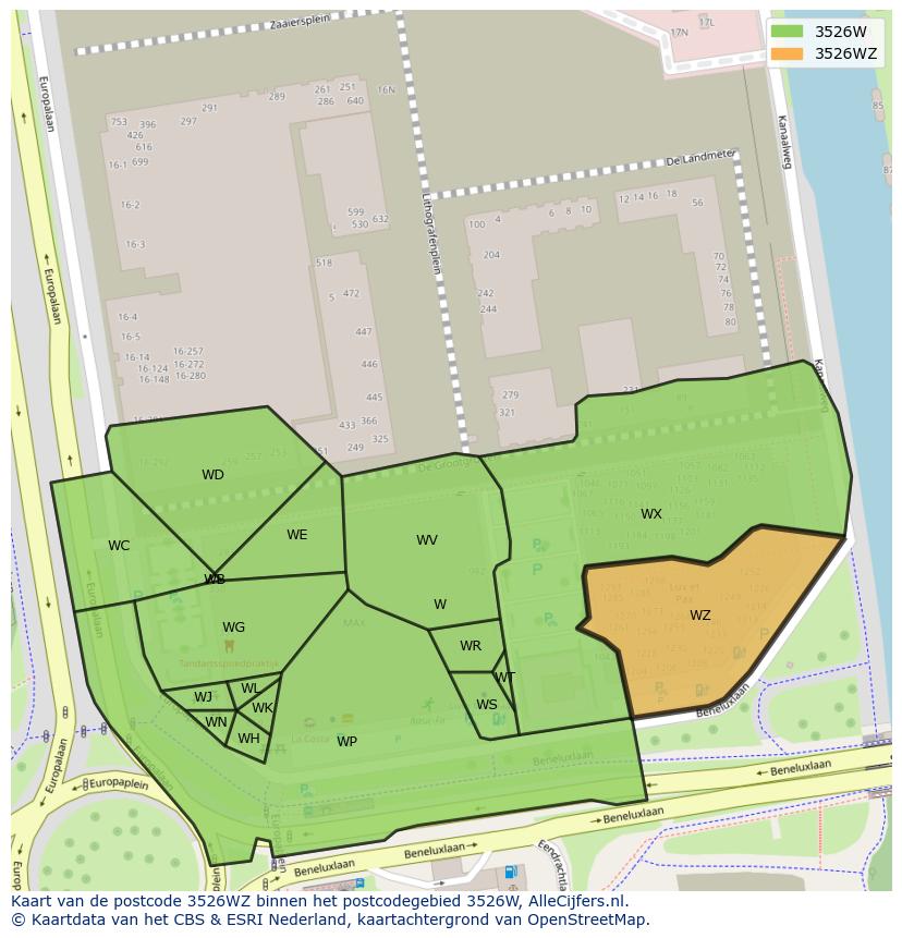 Afbeelding van het postcodegebied 3526 WZ op de kaart.