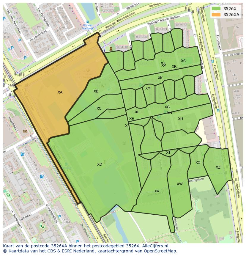 Afbeelding van het postcodegebied 3526 XA op de kaart.