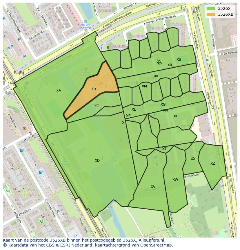 Afbeelding van het postcodegebied 3526 XB op de kaart.