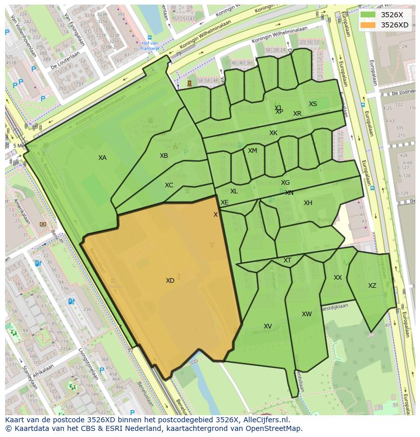 Afbeelding van het postcodegebied 3526 XD op de kaart.