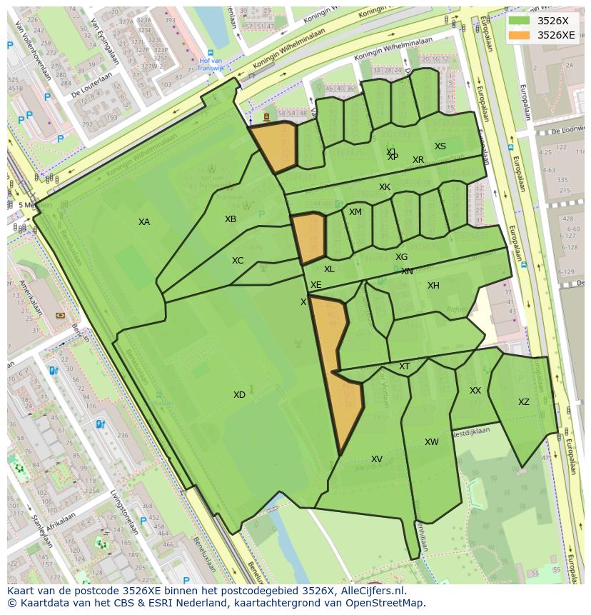 Afbeelding van het postcodegebied 3526 XE op de kaart.