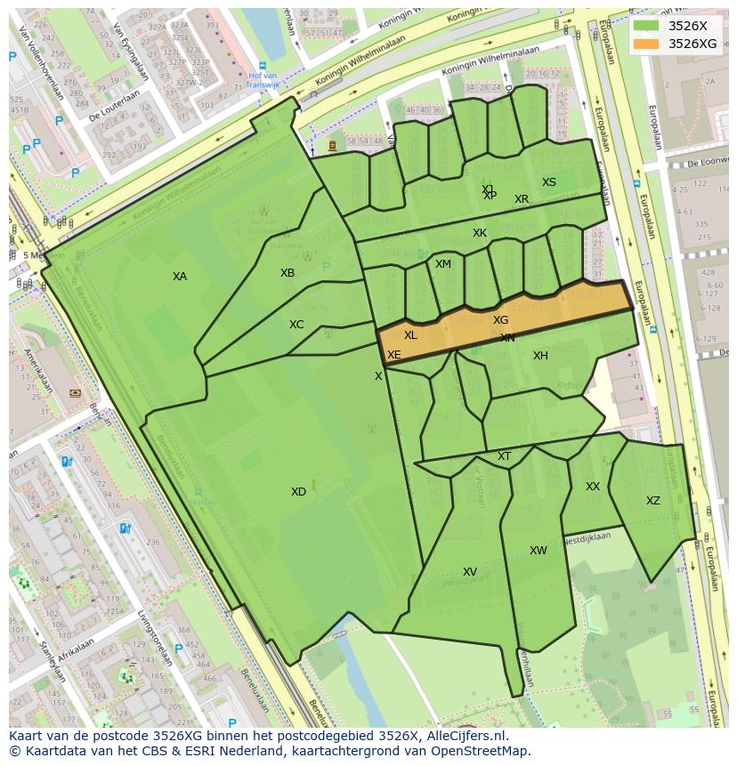 Afbeelding van het postcodegebied 3526 XG op de kaart.