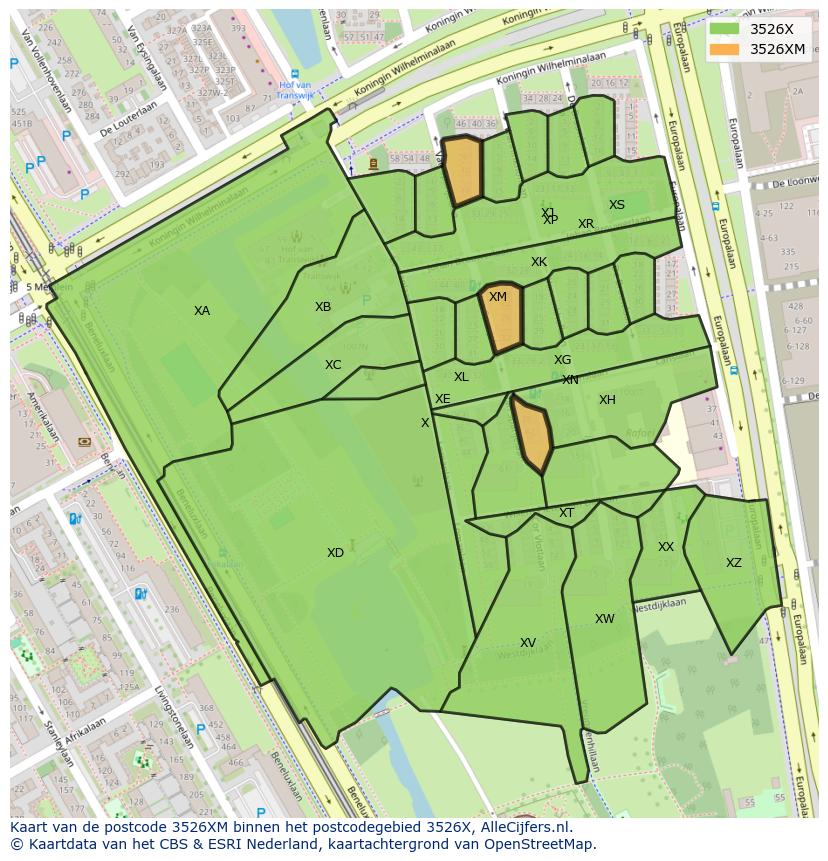 Afbeelding van het postcodegebied 3526 XM op de kaart.