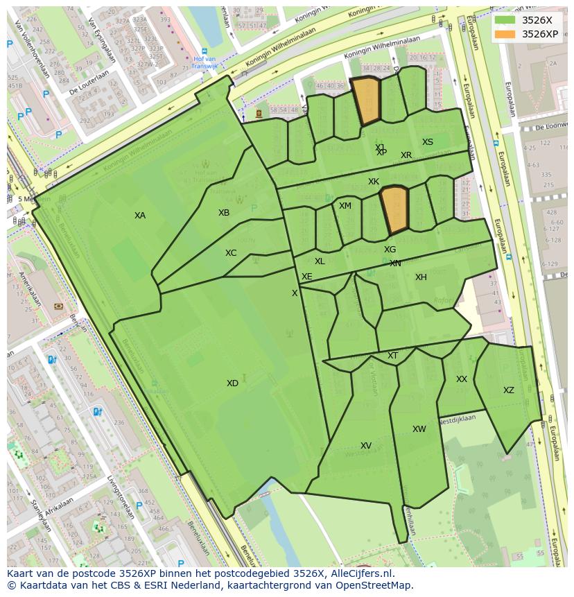 Afbeelding van het postcodegebied 3526 XP op de kaart.