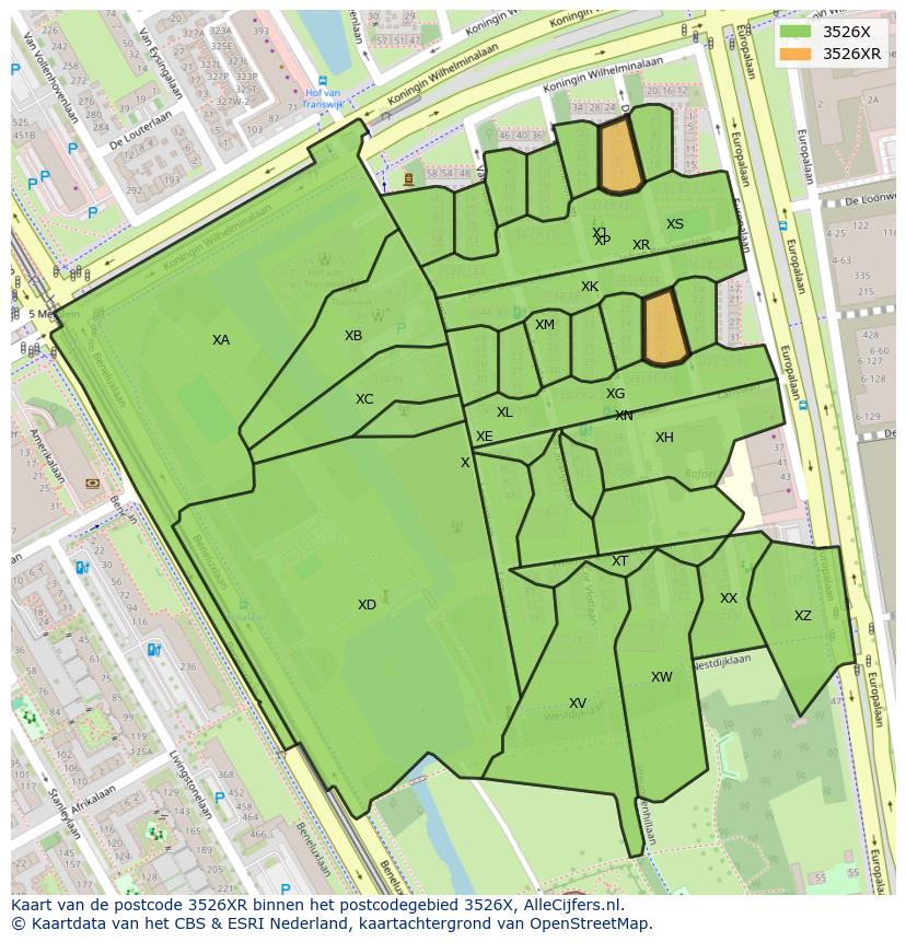 Afbeelding van het postcodegebied 3526 XR op de kaart.