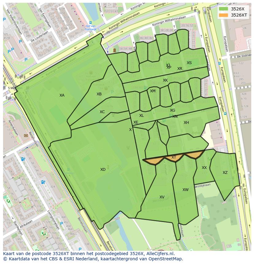 Afbeelding van het postcodegebied 3526 XT op de kaart.