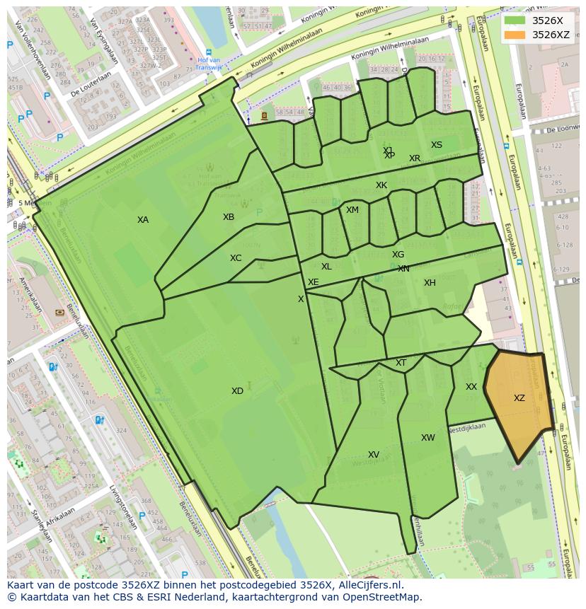 Afbeelding van het postcodegebied 3526 XZ op de kaart.