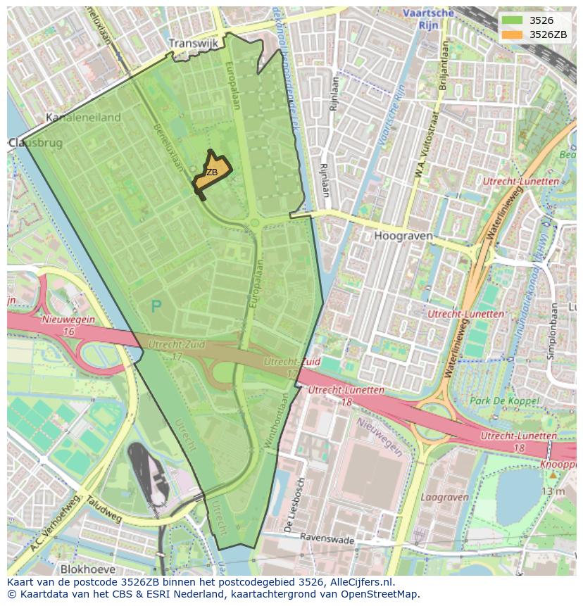Afbeelding van het postcodegebied 3526 ZB op de kaart.