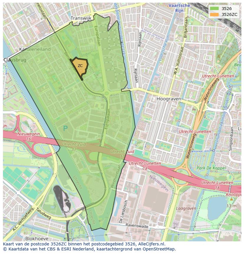 Afbeelding van het postcodegebied 3526 ZC op de kaart.