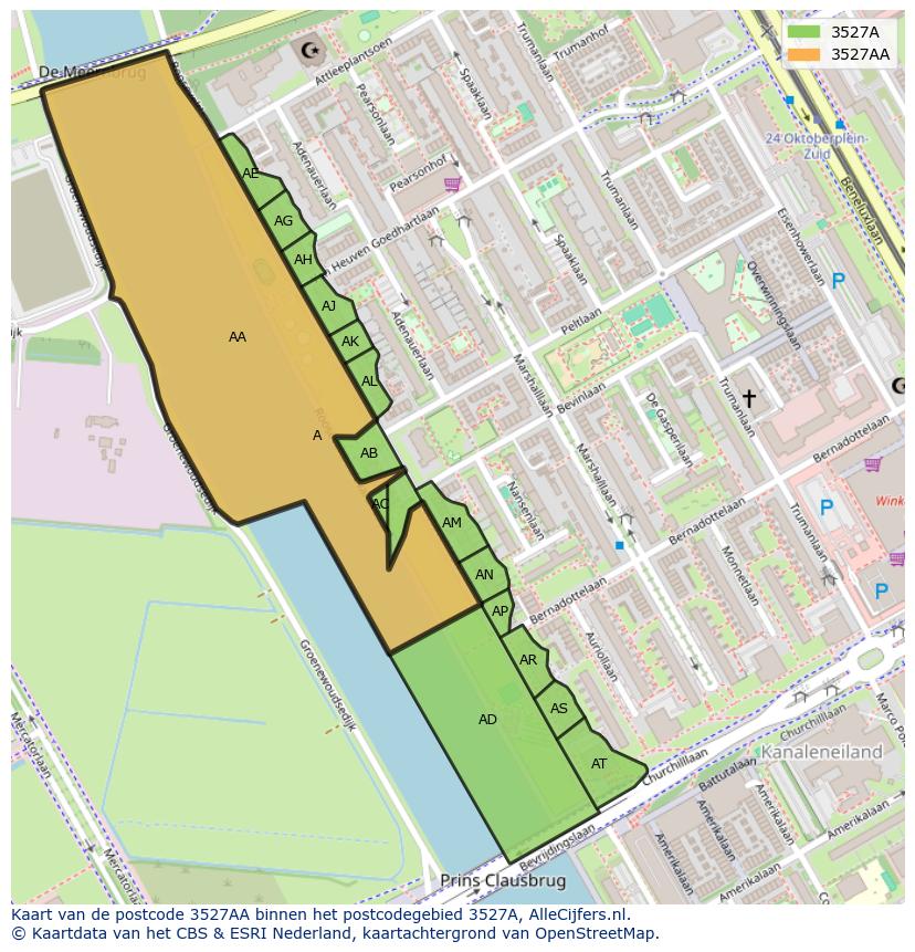 Afbeelding van het postcodegebied 3527 AA op de kaart.