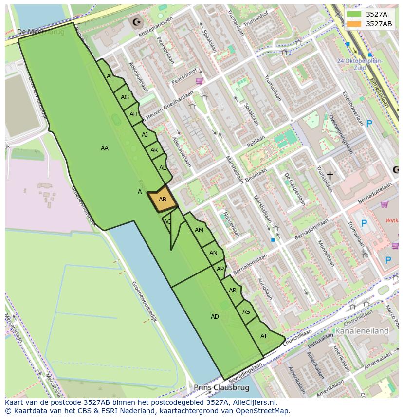 Afbeelding van het postcodegebied 3527 AB op de kaart.