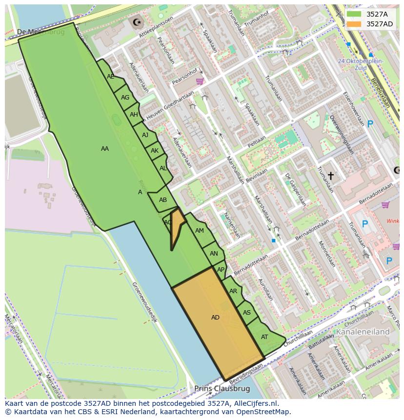 Afbeelding van het postcodegebied 3527 AD op de kaart.