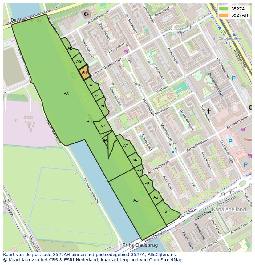 Afbeelding van het postcodegebied 3527 AH op de kaart.