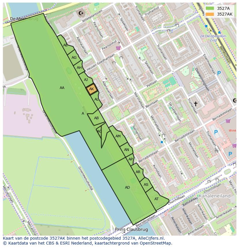 Afbeelding van het postcodegebied 3527 AK op de kaart.