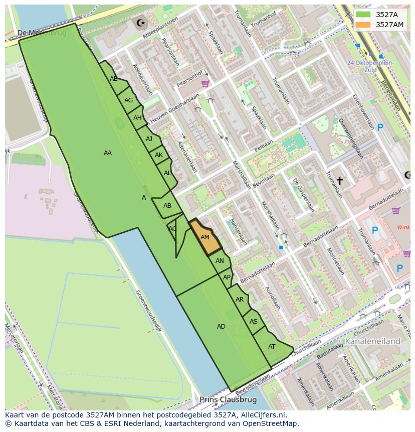 Afbeelding van het postcodegebied 3527 AM op de kaart.