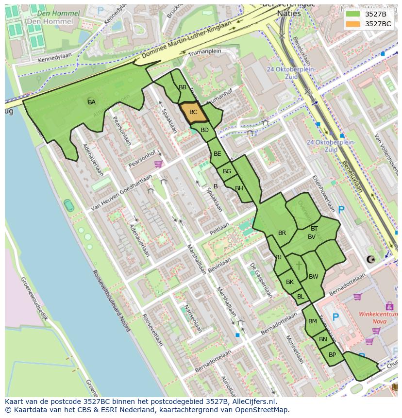 Afbeelding van het postcodegebied 3527 BC op de kaart.