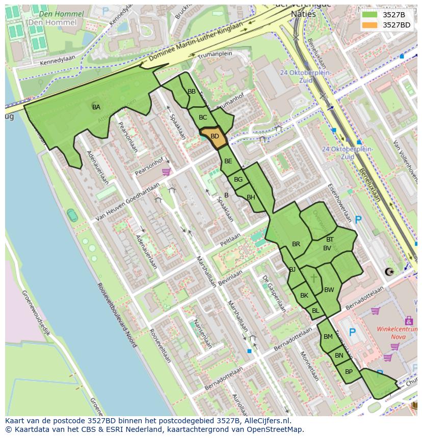 Afbeelding van het postcodegebied 3527 BD op de kaart.