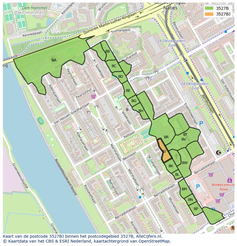 Afbeelding van het postcodegebied 3527 BJ op de kaart.