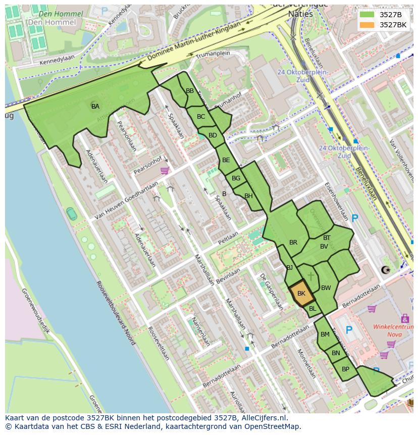 Afbeelding van het postcodegebied 3527 BK op de kaart.