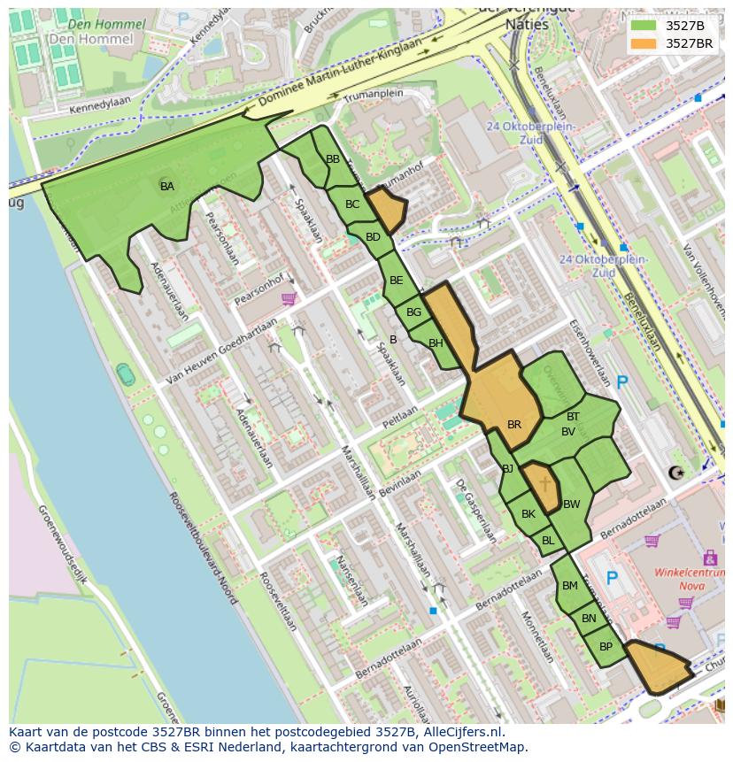 Afbeelding van het postcodegebied 3527 BR op de kaart.