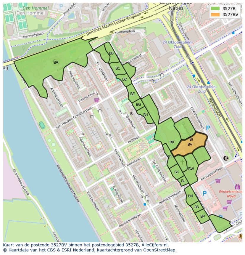 Afbeelding van het postcodegebied 3527 BV op de kaart.