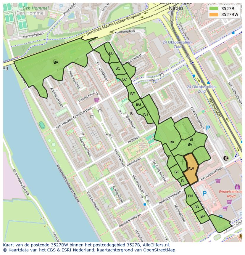 Afbeelding van het postcodegebied 3527 BW op de kaart.