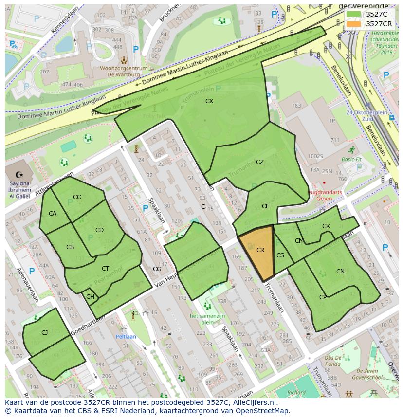 Afbeelding van het postcodegebied 3527 CR op de kaart.