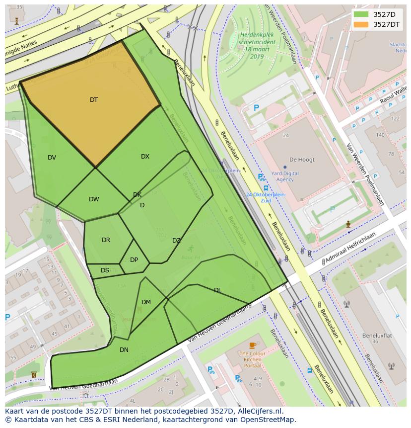 Afbeelding van het postcodegebied 3527 DT op de kaart.