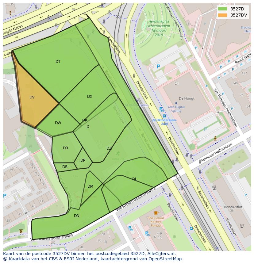 Afbeelding van het postcodegebied 3527 DV op de kaart.