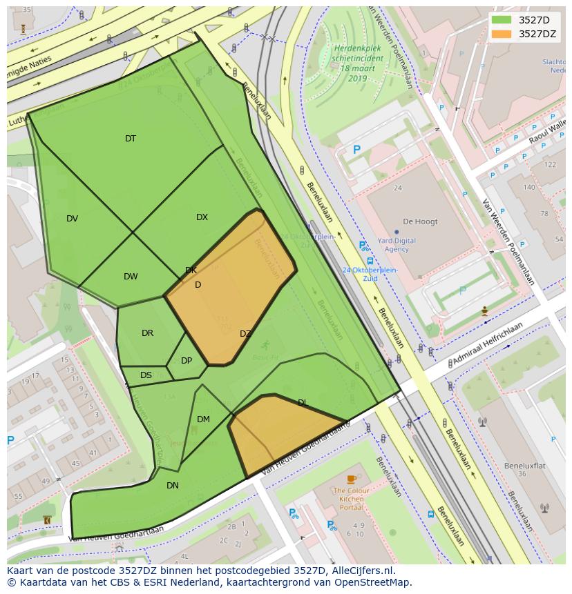 Afbeelding van het postcodegebied 3527 DZ op de kaart.