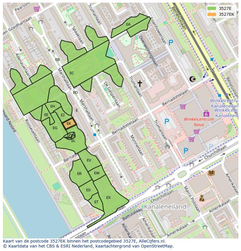 Afbeelding van het postcodegebied 3527 EK op de kaart.