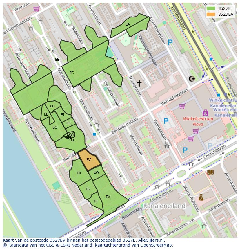 Afbeelding van het postcodegebied 3527 EV op de kaart.