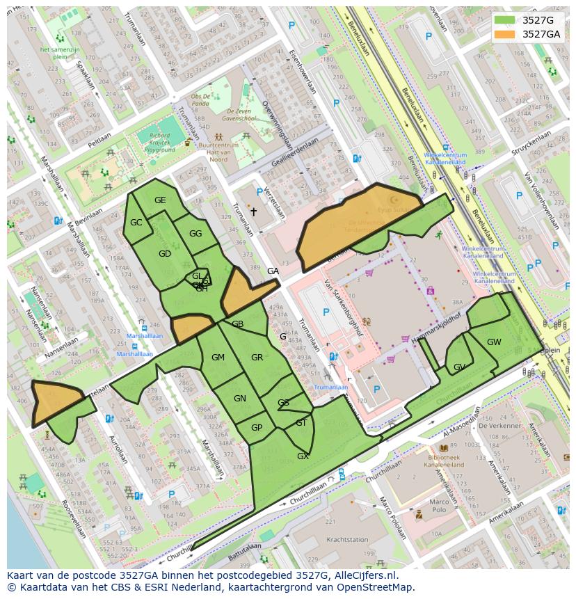 Afbeelding van het postcodegebied 3527 GA op de kaart.
