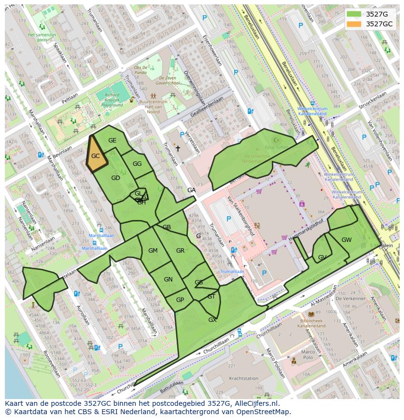 Afbeelding van het postcodegebied 3527 GC op de kaart.