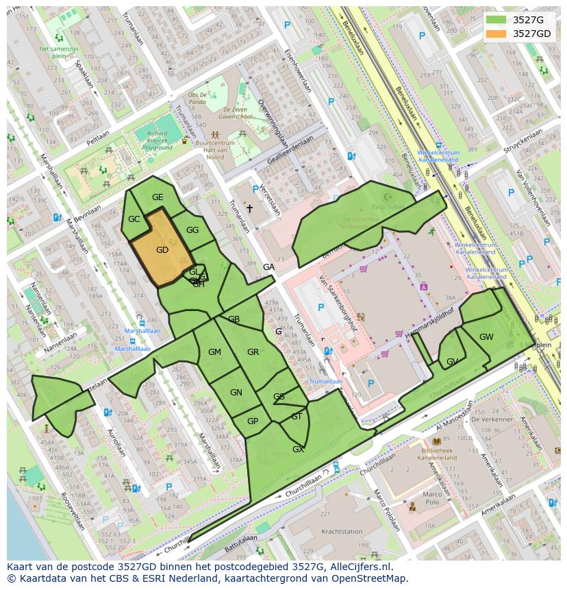 Afbeelding van het postcodegebied 3527 GD op de kaart.