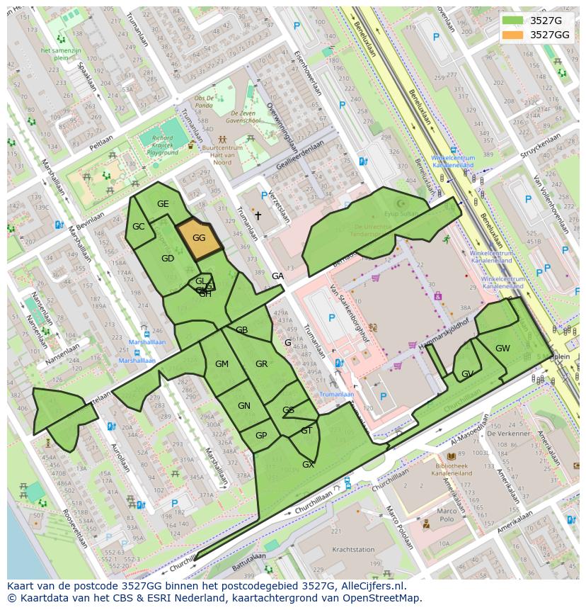 Afbeelding van het postcodegebied 3527 GG op de kaart.