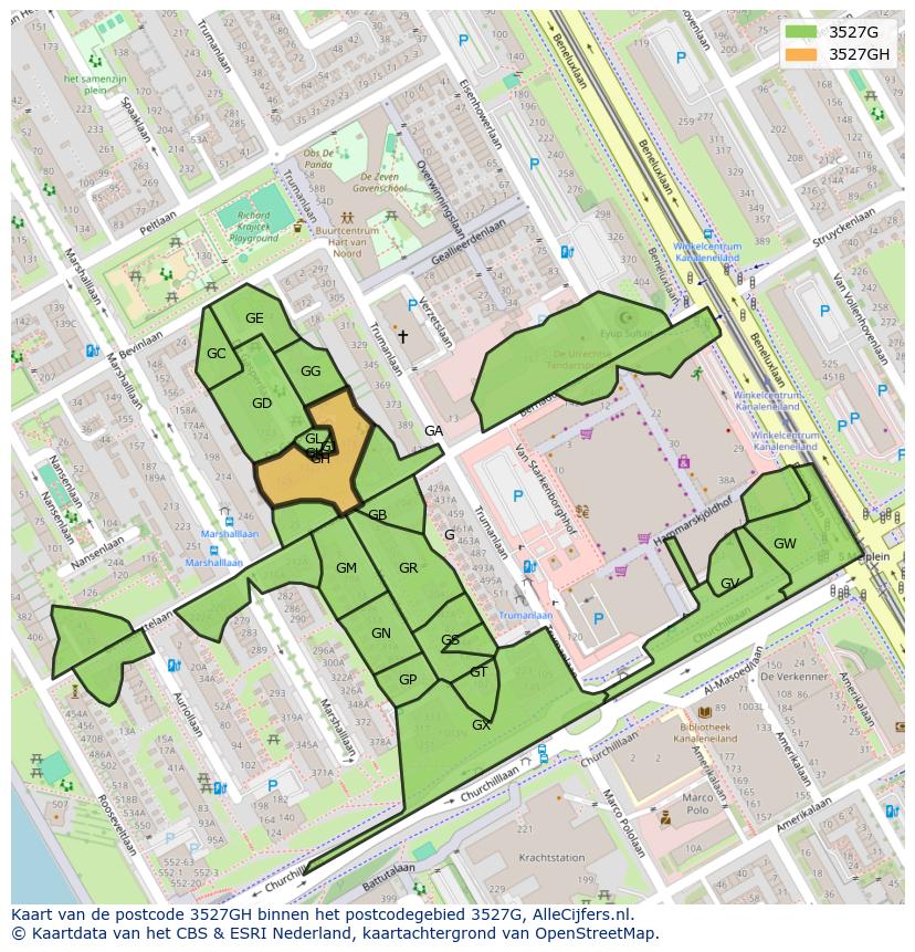 Afbeelding van het postcodegebied 3527 GH op de kaart.
