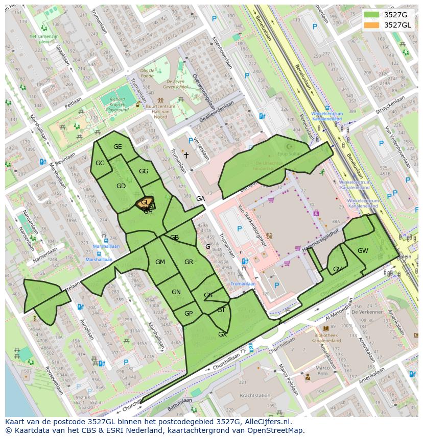 Afbeelding van het postcodegebied 3527 GL op de kaart.